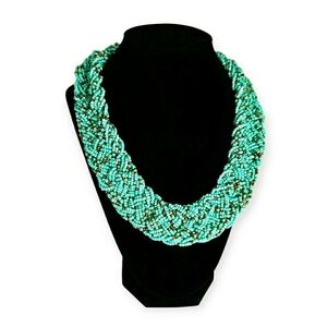 Vintage Bohemian Dreams Manilla Turquoise & Gold Seed Bead Statement Necklace